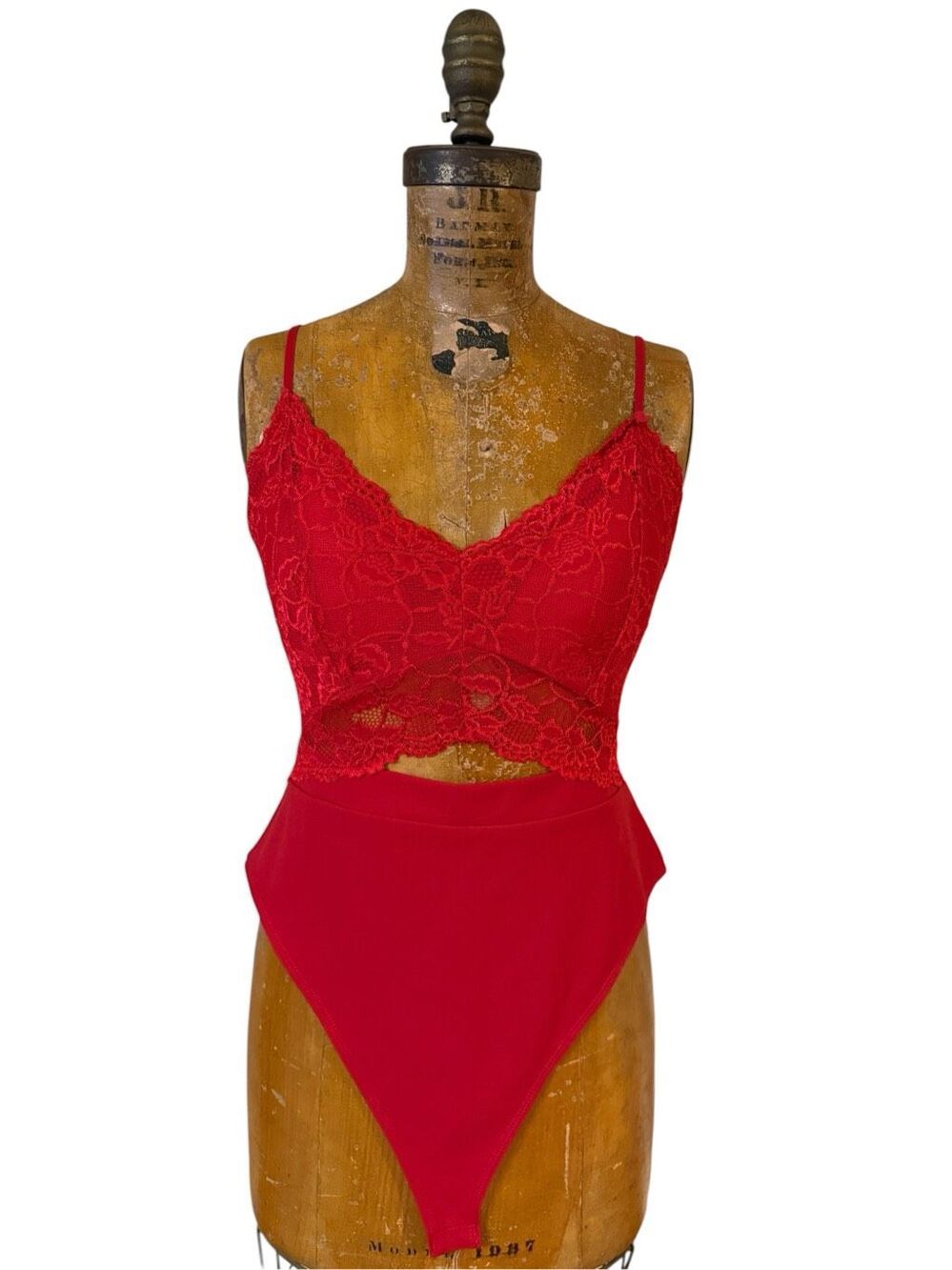 Faded Rose Red Lace Top Cut Out Bodysuit Size Large